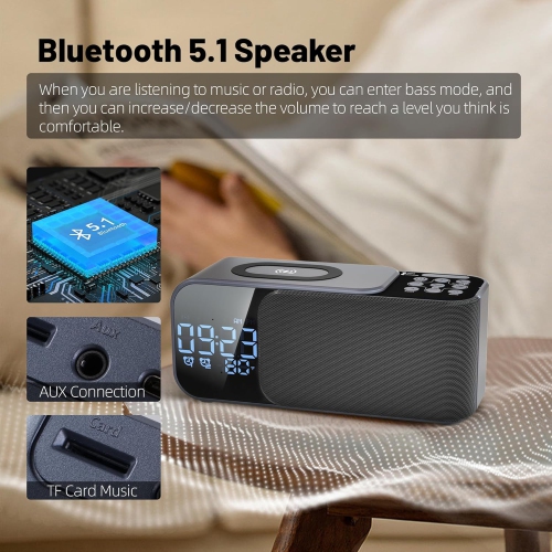 Alarm Clock Radio With Wireless Charging Bluetooth Speaker and Digital Alarm Clock with Adjustable LED Night Light Dual Alarm For Bedroom Home Office