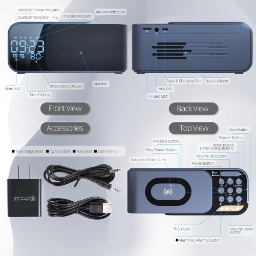 Alarm Clock Radio With Wireless Charging Bluetooth Speaker and Digital Alarm Clock with Adjustable LED Night Light Dual Alarm For Bedroom Home Office