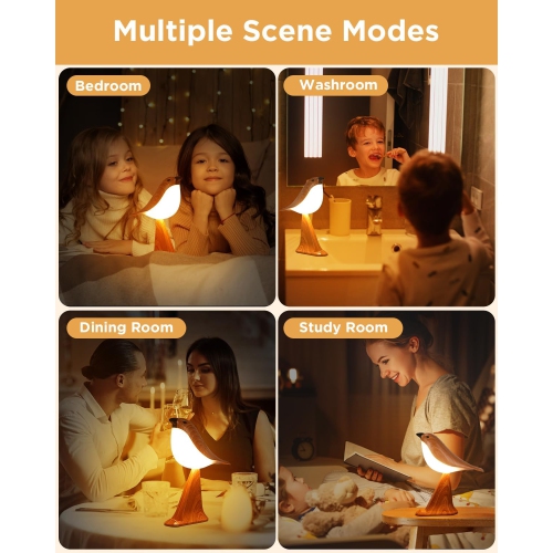 Rechargeable Bird Table Lamp , Touch Cordless Bedside Lamp with Control Remote and Phone Holder , 3 Color Dimmable Night Light With Timer Bird Sounds