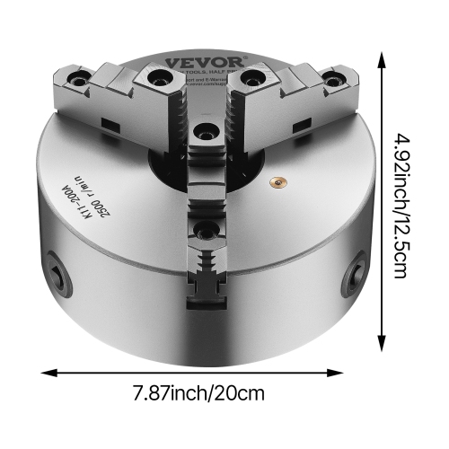 Mandrin à 3 mâchoires VEVOR, 8 po, mandrin à centrage automatique avec plaque d'emballage filetée 2 1/4 IN-8, plage de serrage de 0,16 à