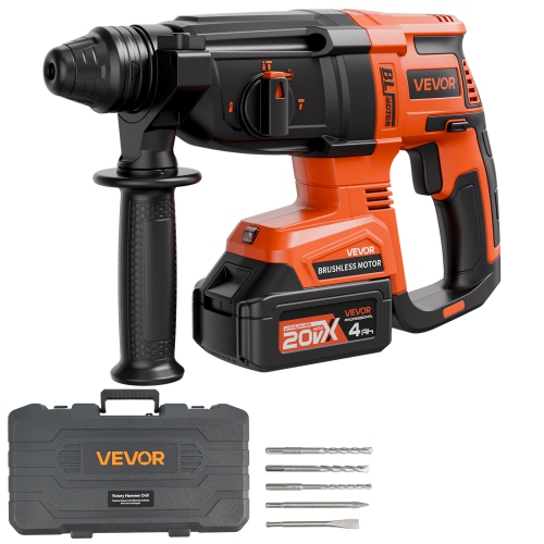 VEVOR 20V Brushless Cordless Hammer Drill, Lithium-Ion 1.1 Inch Rotary Hammer Driver, SDS-Plus Electric Power Tool Kit with Battery and Charger, 4