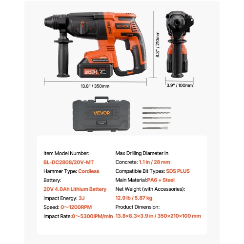 VEVOR 20V Brushless Cordless Hammer Drill, Lithium-Ion 1.1 Inch Rotary Hammer Driver, SDS-Plus Electric Power Tool Kit with Battery and Charger, 4