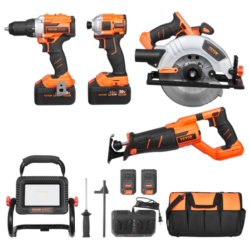 VEVOR 5-Tool Combo Kit, 20V Brushless, Cordless Power Tool Combo Kit, Cordless Drill and Impact Driver, with 4.0 Ah Batteries, Charger, Reciprocating