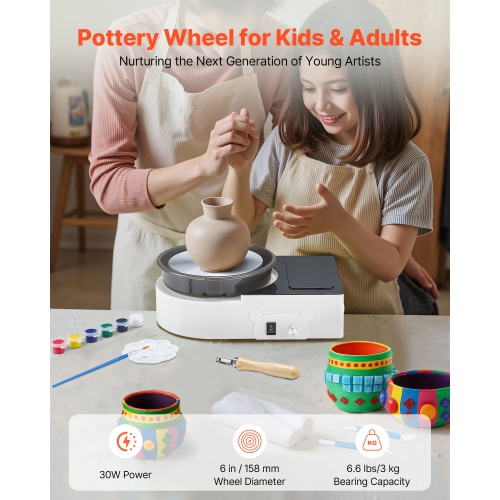 VEVOR Mini Pottery Wheel, 6 inch Turntable, Forward and Reverse Rotation, Adjustable Speed, Electric Clay Wheel for Kids and Adults, with Clay