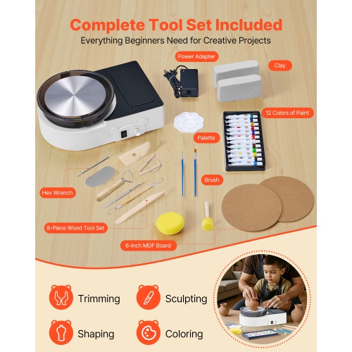 VEVOR Mini Pottery Wheel, 6 inch Turntable, Forward and Reverse Rotation, Adjustable Speed, Electric Clay Wheel for Kids and Adults, with Clay