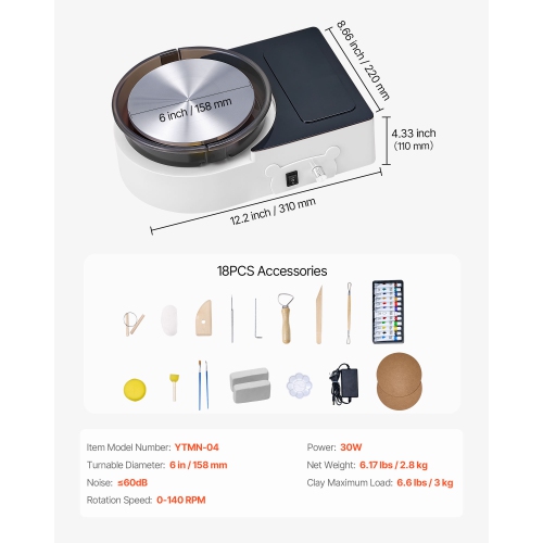 VEVOR Mini Pottery Wheel, 6 inch Turntable, Forward and Reverse Rotation, Adjustable Speed, Electric Clay Wheel for Kids and Adults, with Clay