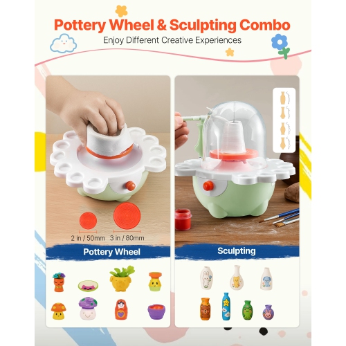 VEVOR Mini Pottery Wheel, 2 in and 3 in Turntables, Adjustable Speed, Electric Clay Wheel for Kids and Beginners, Complete Pottery Set with Clay
