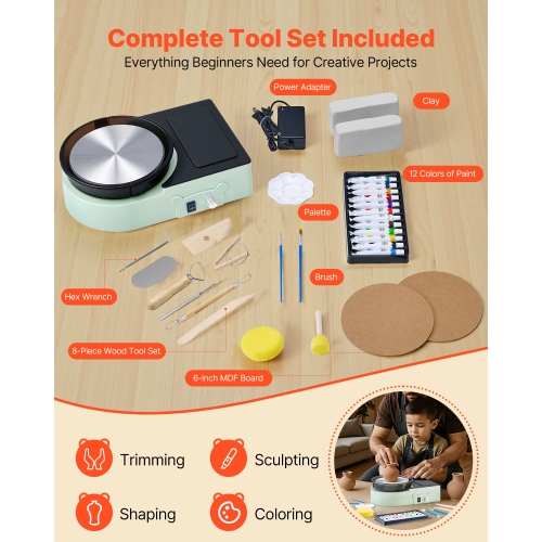 VEVOR Mini Pottery Wheel, 6 inch Turntable, Forward and Reverse Rotation, Adjustable Speed, Electric Clay Wheel for Kids and Adults, with Clay