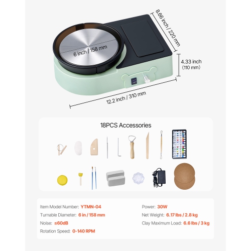 VEVOR Mini Pottery Wheel, 6 inch Turntable, Forward and Reverse Rotation, Adjustable Speed, Electric Clay Wheel for Kids and Adults, with Clay