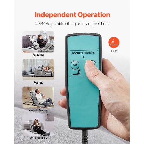 VEVOR 300 lbs Capacity Electric Lifting Backrest for Bed, 4-68° Adjustable Lifting Bed Backrest, with Guardrail Armrest & Storage Pouch, Machine