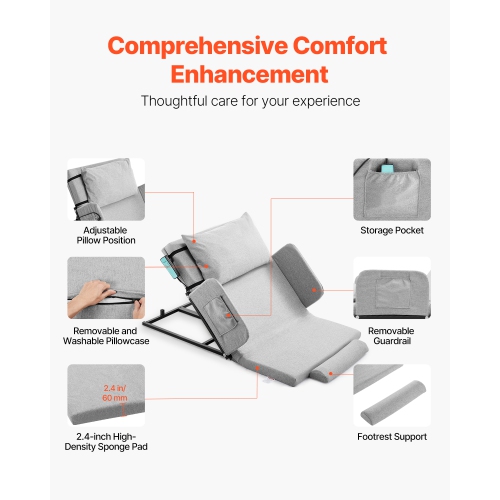 VEVOR 300 lbs Capacity Electric Lifting Backrest for Bed, 4-68° Adjustable Lifting Bed Backrest, with Guardrail Armrest & Storage Pouch, Machine