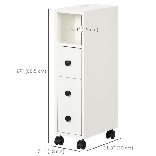 kleankin Slim Bathroom Cabinet with Wheels, Rolling Narrow Bathroom Storage Cabinet with Door, Drawer and 2 Open Compartments, Toilet Paper Holder