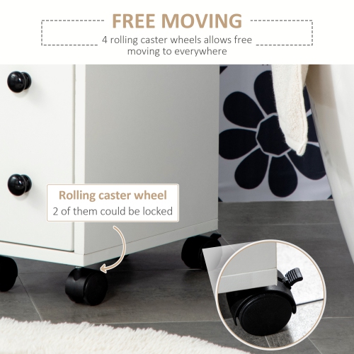 kleankin Slim Bathroom Cabinet with Wheels, Rolling Narrow Bathroom Storage Cabinet with Door, Drawer and 2 Open Compartments, Toilet Paper Holder