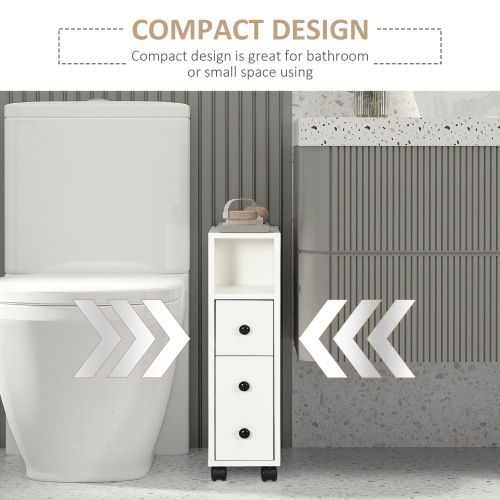 kleankin Slim Bathroom Cabinet with Wheels, Rolling Narrow Bathroom Storage Cabinet with Door, Drawer and 2 Open Compartments, Toilet Paper Holder