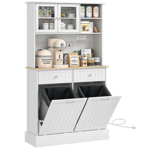 HOMCOM 68" Kitchen Pantry Cabinet with Charging Station, 2 Tilt Out 10 Gallon Trash Can Cabinets, Drawers, Freestanding Storage Cabinet with Glass