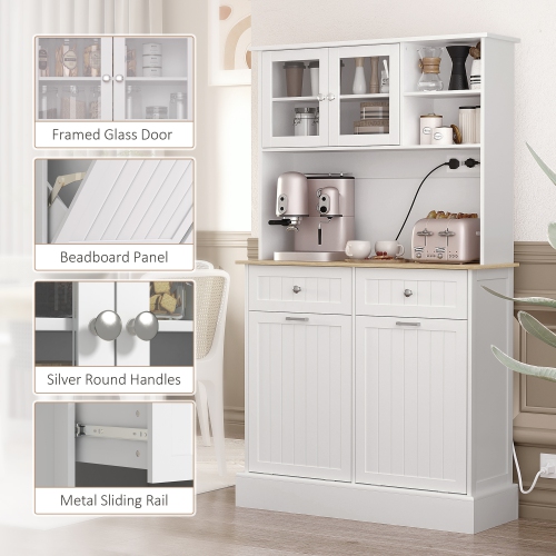 HOMCOM 68" Kitchen Pantry Cabinet with Charging Station, 2 Tilt Out 10 Gallon Trash Can Cabinets, Drawers, Freestanding Storage Cabinet with Glass