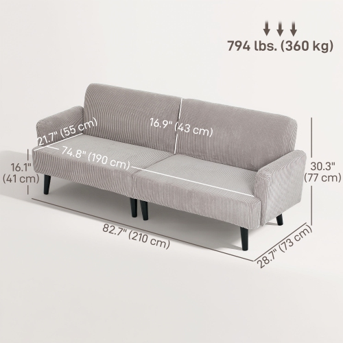 HOMCOM 3 Seater Sofa, 83" Modern Upholstered Corduroy Couch with Rubberwood Legs, Thick Padded for Living Room, Bedroom, Home Office, Light Grey
