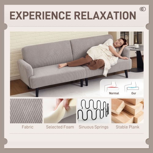 HOMCOM 3 Seater Sofa, 83" Modern Upholstered Corduroy Couch with Rubberwood Legs, Thick Padded for Living Room, Bedroom, Home Office, Light Grey