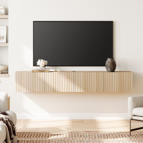 WAMPAT Large Modern Floating TV Shelf, Wall Mounted Media Entertainment Center with 3 Fluted Doors for TVs up to 80", Wood TV Storage Cabinet for