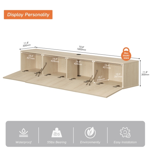 WAMPAT Large Modern Floating TV Shelf, Wall Mounted Media Entertainment Center with 3 Fluted Doors for TVs up to 80", Wood TV Storage Cabinet for