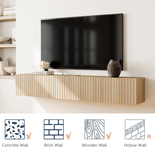 WAMPAT Large Modern Floating TV Shelf, Wall Mounted Media Entertainment Center with 3 Fluted Doors for TVs up to 80", Wood TV Storage Cabinet for