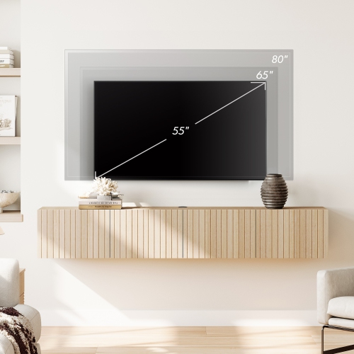 WAMPAT Large Modern Floating TV Shelf, Wall Mounted Media Entertainment Center with 3 Fluted Doors for TVs up to 80", Wood TV Storage Cabinet for