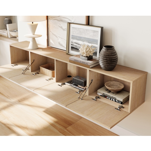 WAMPAT Large Modern Floating TV Shelf, Wall Mounted Media Entertainment Center with 3 Fluted Doors for TVs up to 80", Wood TV Storage Cabinet for