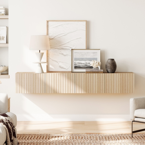 WAMPAT Large Modern Floating TV Shelf, Wall Mounted Media Entertainment Center with 3 Fluted Doors for TVs up to 80", Wood TV Storage Cabinet for