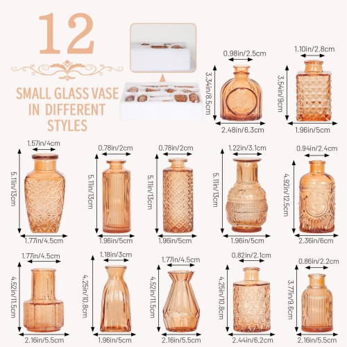 NIERBO 12 Pices Mini Bud Vases Wedding Centerpieces for Tables, Amber Bud Vases for Flowers, Small Flower Vases for Birthday Party, Anniversary,