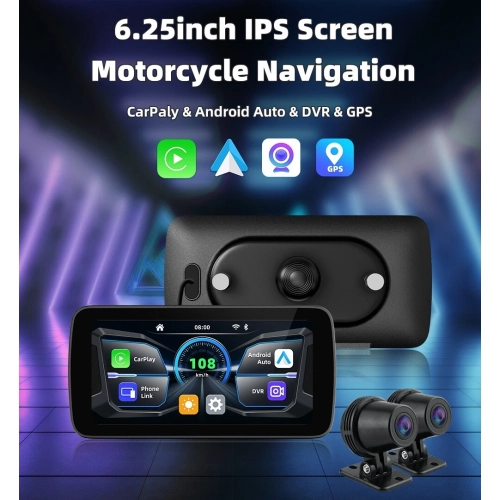 Navigation GPS pour motocyclette 6,25 pouces CarPlay Android Auto Dual Camera IP67