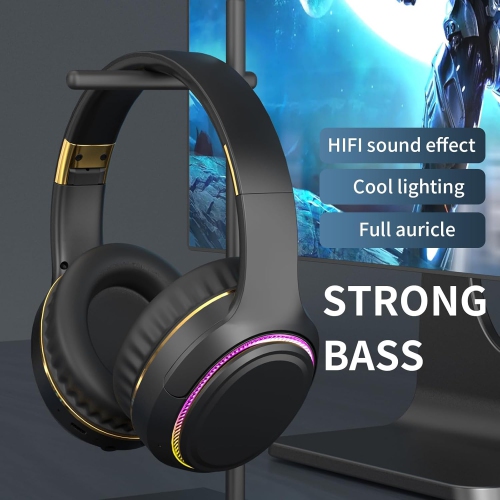 Wireless Bluetooth Headset with Ambient Light, Heavy Bass, Foldable and Retractable Headset, Suitable for Mobile Phones, PCs, and Laptops - Black