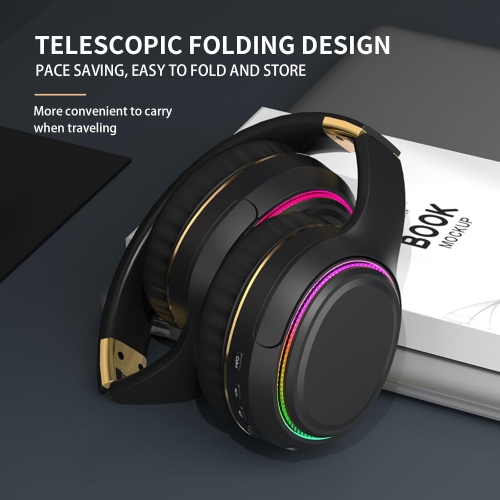 Wireless Bluetooth Headset with Ambient Light, Heavy Bass, Foldable and Retractable Headset, Suitable for Mobile Phones, PCs, and Laptops - Black