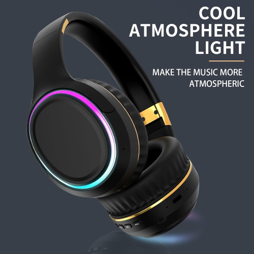 Wireless Bluetooth Headset with Ambient Light, Heavy Bass, Foldable and Retractable Headset, Suitable for Mobile Phones, PCs, and Laptops - Black