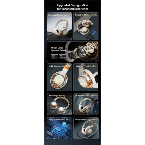 Bluetooth Headphones Headset Painted Graffiti LED Luminous 3D Stereo Seamless Earmuffs Foldable RGB Headphones - Purple