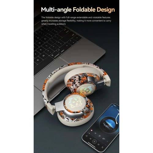 Bluetooth Headphones Headset Painted Graffiti LED Luminous 3D Stereo Seamless Earmuffs Foldable RGB Headphones - Purple