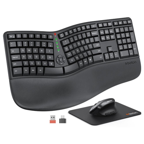 MEETION Ergonomic Wireless Keyboard & Mouse Set, Split Design with Cushioned Palm Rest, 4 Adjustable DPI Vertical Mouse, Rechargeable Full Size, Black