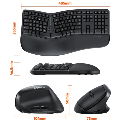 MEETION Ergonomic Wireless Keyboard & Mouse Set, Split Design with Cushioned Palm Rest, 4 Adjustable DPI Vertical Mouse, Rechargeable Full Size, Black