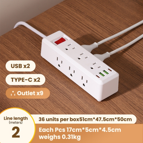 US standard power socket strip with overload protection, 110V-980U [white] US standard 2 meters - 9 sockets