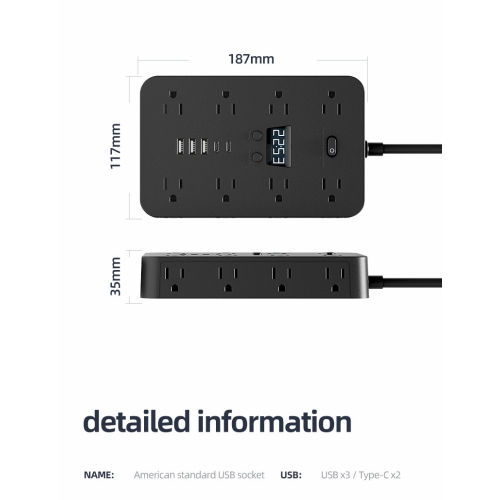 US-style power outlet with overload protection, suitable for use in the US and Canada, 110V - NN-25 triangular plug, 3 meters [white], 16 outlets