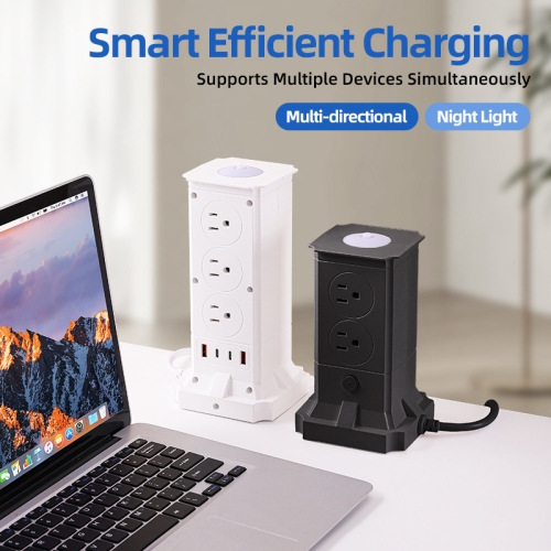 US Standard Vertical Socket, Multi-Output High-Power USB Fast Charging Household Socket - A105U [Black] 2m with Overload - 8 Outlets