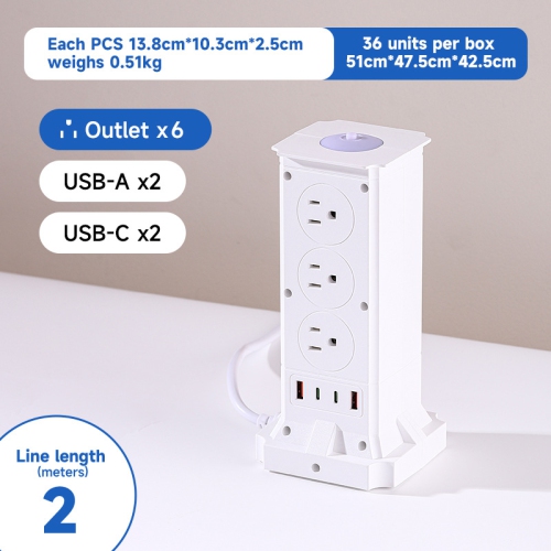 American Standard Vertical Socket, Multi-Position High-Power USB Fast Charging Household Socket - A103 [White] 2m - 6-Outlet