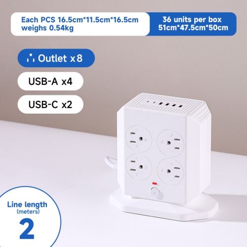 US Standard Vertical Socket, Multi-Output High-Power USB Fast Charging Household Socket - A105U [White], 2m with Overload - 8 Outlets