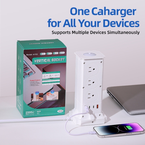 US Standard Vertical Socket, Multi-Output High-Power USB Fast Charging Household Socket - A105U [White], 2m with Overload - 8 Outlets