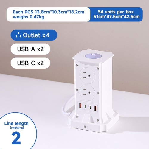 American Standard Vertical Socket, Multi-Position High-Power USB Fast Charging Household Socket - A102 [White] 2m - 4-Outlet