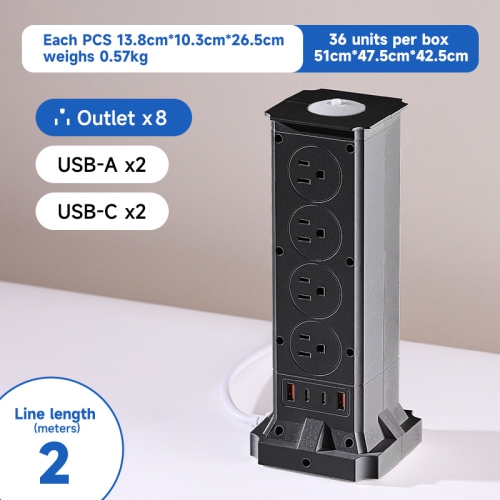 American Standard Vertical Socket, Multi-Output High-Power USB Fast Charging Household Socket - A104 [Black] 2m - 8 Outlets