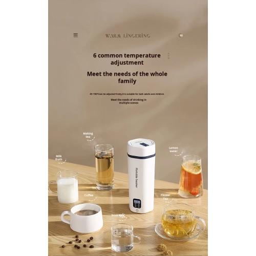 Portable Electric Water Bottle, Digital Portable Travel Water Bottle, Fast Heating Water Bottle - White - Intelligent Six-Level Temperature Control -