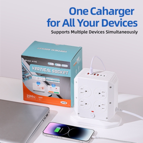 American Standard Vertical Socket, Multi-Position High-Power USB Fast Charging Household Socket - A104 [White] 2m - 8-Outlet