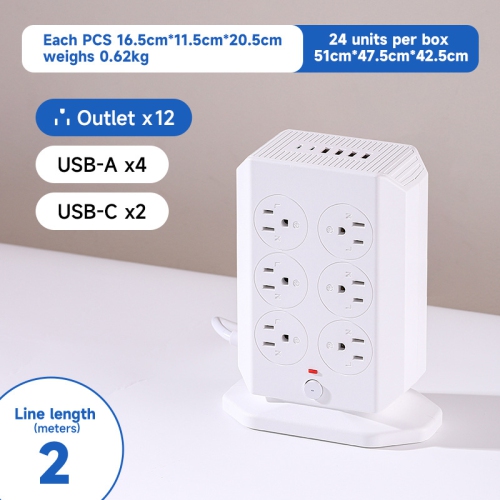 US Standard Vertical Socket, Multi-Output High-Power USB Fast Charging Household Socket - A106U [White], 2m with Overload - 12 Outlets