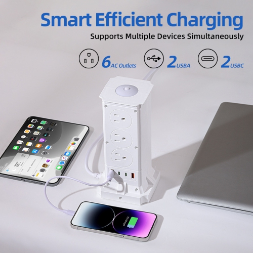 US Standard Vertical Socket, Multi-Output High-Power USB Fast Charging Household Socket - A106U [White], 2m with Overload - 12 Outlets