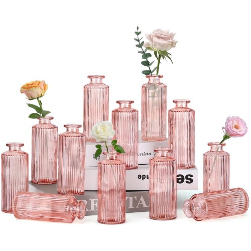 NIERBO 12 Pieces Mini Bud Vases Wedding Centerpieces for Tables, Pink Bud Vases for Flowers, Small Flower Vases for Birthday Party, Anniversary,